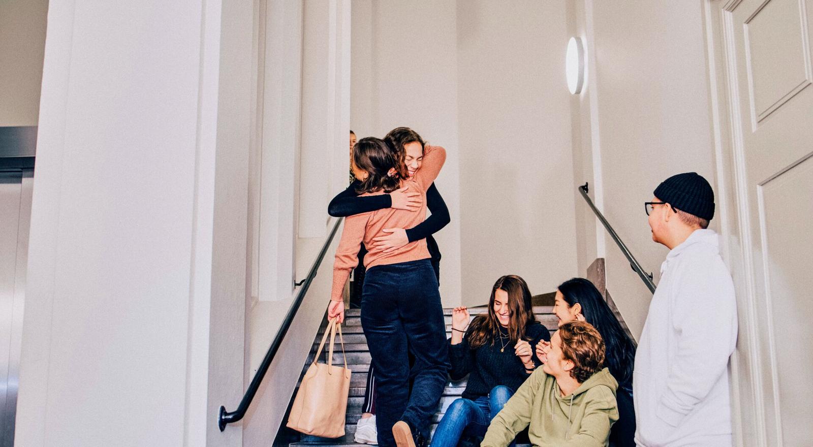 Large Web and Screen Group of friends meeting again at school