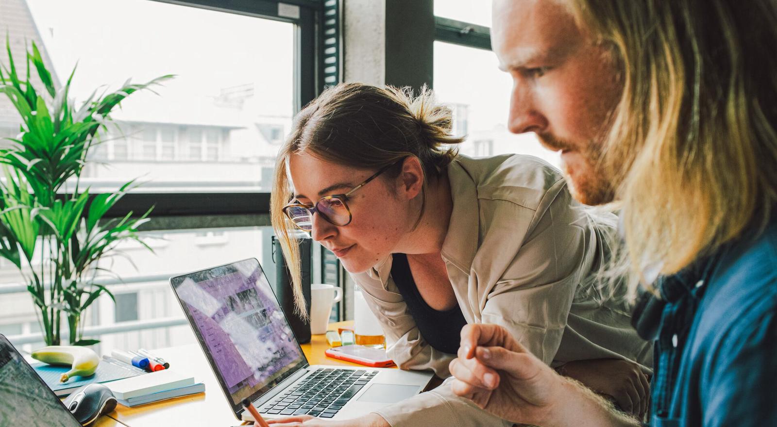 Large Web and Screen Two young colleagues review laptop